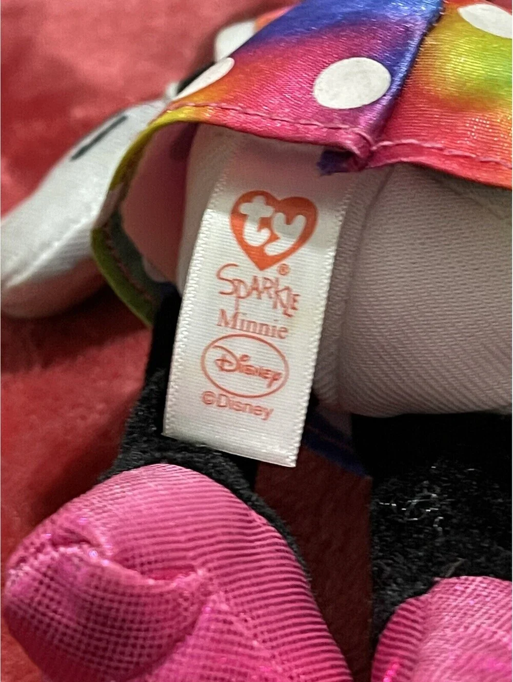 TY Beanie Babies Sparkle Minnie Mouse Disney Plush Rainbow Polka Dot Dress Tags